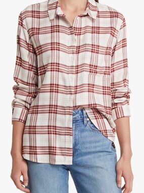 Treasure & Bond Plaid Button-Down Shirt in Cream and Rust
